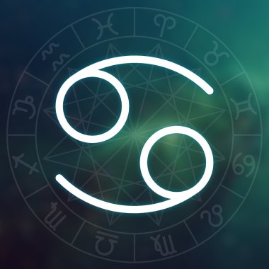 Burç - kanser. Astroloji grafik ile bulanık soyut uzay arka plan beyaz ince basit çizgi astrolojik sembolü.