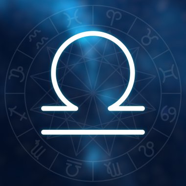 Burç - Terazi. Astroloji grafik ile bulanık soyut uzay arka plan beyaz ince basit çizgi astrolojik sembolü.