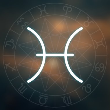 Burç - balık. Astroloji grafik ile bulanık soyut uzay arka plan beyaz ince basit çizgi astrolojik sembolü.
