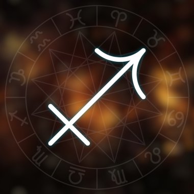Burç - yay. Astroloji grafik ile bulanık soyut uzay arka plan beyaz ince basit çizgi astrolojik sembolü.