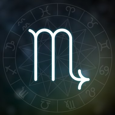 Burç - Akrep. Astroloji grafik ile bulanık soyut uzay arka plan beyaz ince basit çizgi astrolojik sembolü.