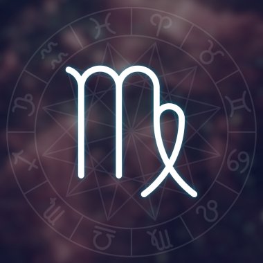 Burç - Başak. Astroloji grafik ile bulanık soyut uzay arka plan beyaz ince basit çizgi astrolojik sembolü.