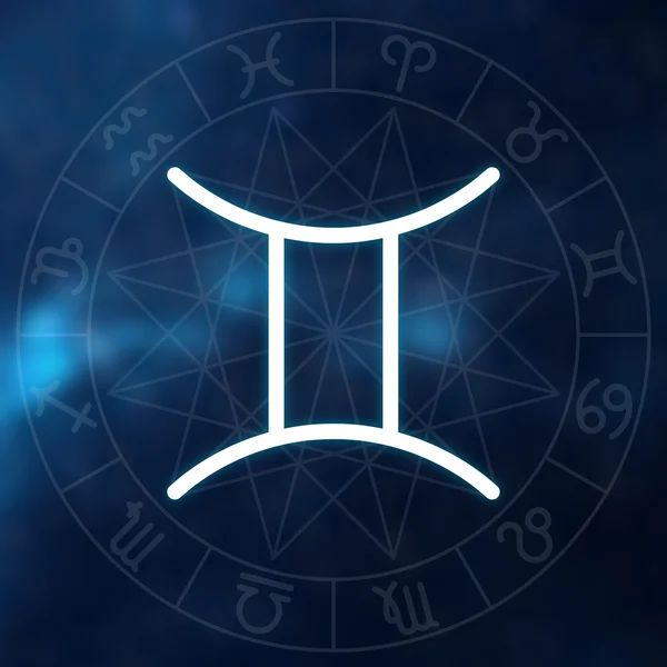 Znamení zvěrokruhu - Blíženci. Bílé tenké jednoduché linie astrologický symbol na pozadí rozmazané abstraktní prostor s astrologie chart. — Stock fotografie