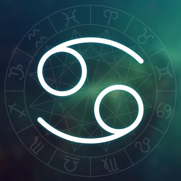 Stjärntecken - Cancer. Vit tunn enkel linje astrologiska symbol på suddiga abstrakt utrymme bakgrund med astrologi diagram. — Stockfoto