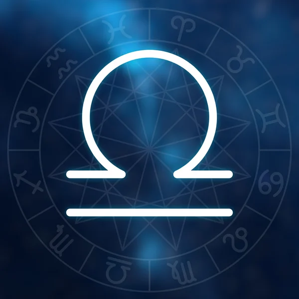 Sternzeichen - Waage. weiße dünne einfache Linie astrologisches Symbol auf verschwommenem abstrakten Weltraum Hintergrund mit Astrologie-Diagramm. — Stockfoto