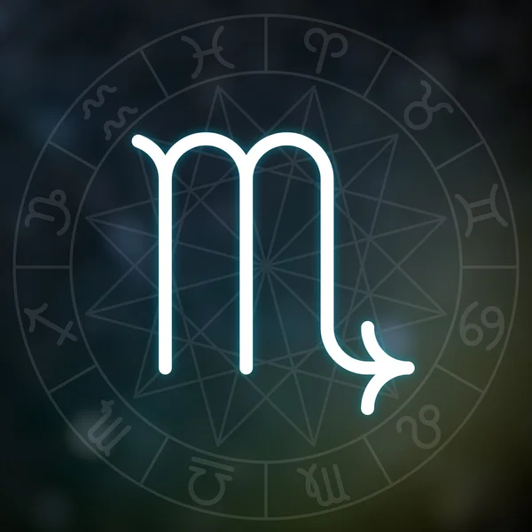 Znamení zvěrokruhu - Štír. Bílé tenké jednoduché linie astrologický symbol na pozadí rozmazané abstraktní prostor s astrologie chart. — Stock fotografie