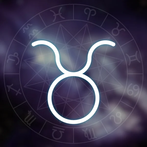 Dierenriemteken - Taurus. Witte dunne eenvoudige lijn astrologische symbool op de achtergrond wazig abstracte ruimte met Astrologie chart. — Stockfoto