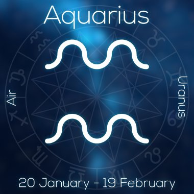 Burcu - kova. Resim yazısı, Tarih, gezegen ve öğe Astroloji grafik ile bulanık arka plan üzerinde beyaz çizgi astrolojik sembolü.