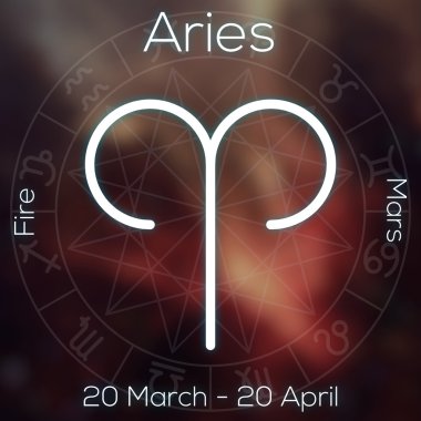 Burç - koç. Resim yazısı, Tarih, gezegen ve öğe Astroloji grafik ile bulanık arka plan üzerinde beyaz çizgi astrolojik sembolü.