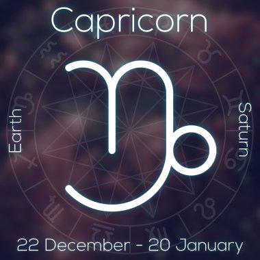 Burç - Oğlak. Resim yazısı, Tarih, gezegen ve öğe Astroloji grafik ile bulanık arka plan üzerinde beyaz çizgi astrolojik sembolü.
