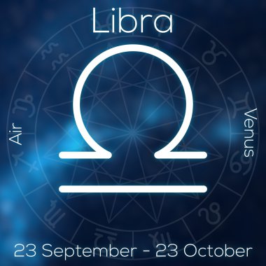 Burç - Terazi. Resim yazısı, Tarih, gezegen ve öğe Astroloji grafik ile bulanık arka plan üzerinde beyaz çizgi astrolojik sembolü.