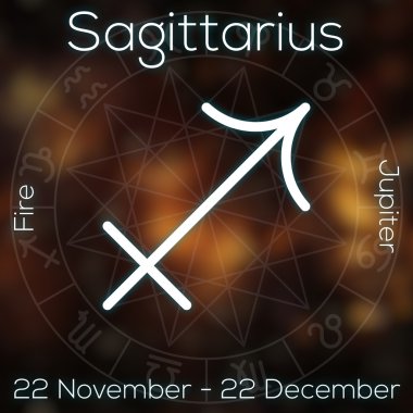Burç - yay. Resim yazısı, Tarih, gezegen ve öğe Astroloji grafik ile bulanık arka plan üzerinde beyaz çizgi astrolojik sembolü.
