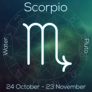 Burç - Akrep. Resim yazısı, Tarih, gezegen ve öğe Astroloji grafik ile bulanık arka plan üzerinde beyaz çizgi astrolojik sembolü.