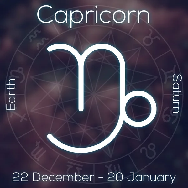 Zodiac sign - Capricorn. White line astrological symbol with caption, dates, planet and element on blurry abstract background with astrology chart. — Stock Photo, Image