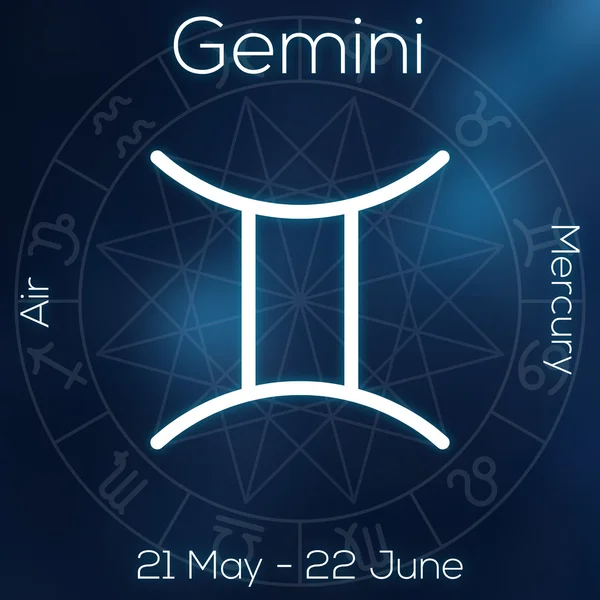 Zodiac sign - Gemini. White line astrological symbol with caption, dates, planet and element on blurry abstract background with astrology chart. — Stock Photo, Image