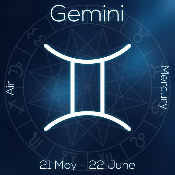 Zodiac sign - Gemini. White line astrological symbol with caption, dates, planet and element on blurry abstract background with astrology chart.