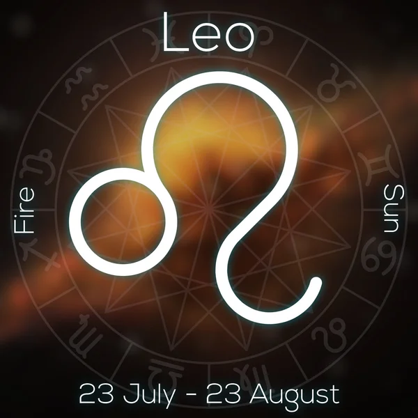 Zodiac sign - Leo. White line astrological symbol with caption, dates, planet and element on blurry abstract background with astrology chart. — Stock Photo, Image