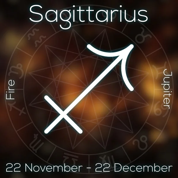 Zodiac sign - Sagittarius. White line astrological symbol with caption, dates, planet and element on blurry abstract background with astrology chart. — Stock Photo, Image