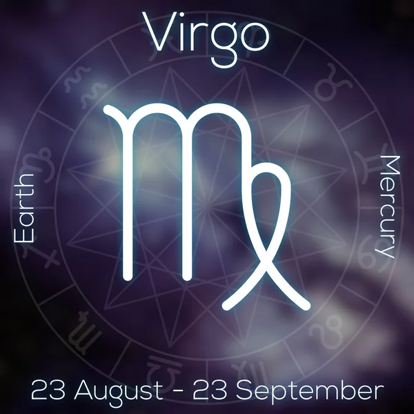 Zodiac sign - Virgo. White line astrological symbol with caption, dates, planet and element on blurry abstract background with astrology chart. — Stock Photo, Image