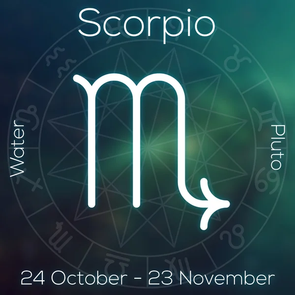 Знак Зодиака - Scorpio. Астрологический символ белой линии с надписью, датами, планетой и элементом на размытом абстрактном фоне с астрологической диаграммой . — стоковое фото