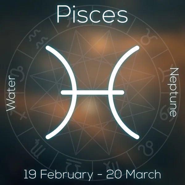 Zodiac sign - Pisces. White line astrological symbol with caption, dates, planet and element on blurry abstract background with astrology chart. — Stock Photo, Image