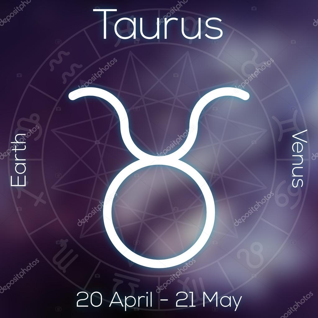 Zodiac sign - Taurus. White line astrological symbol with caption