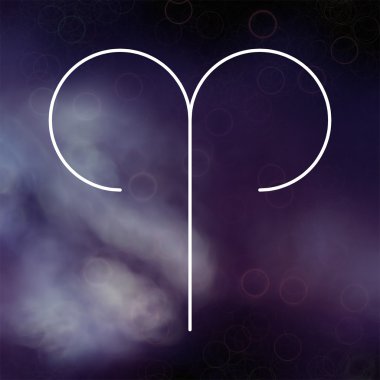 Burç - koç. Bulanık renkli arka plan üzerinde beyaz ince çizgi astrolojik semboller.