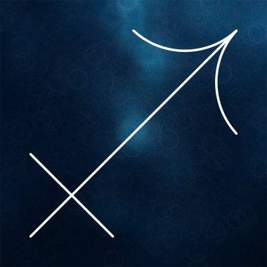 Burç - yay. Bulanık renkli arka plan üzerinde beyaz ince çizgi astrolojik semboller.