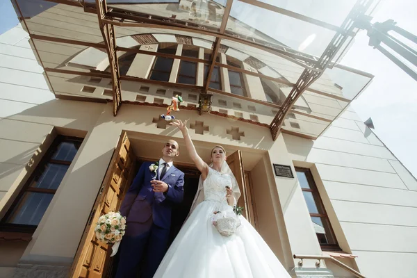 Handsome groom and beautiful bride — Stock Photo, Image