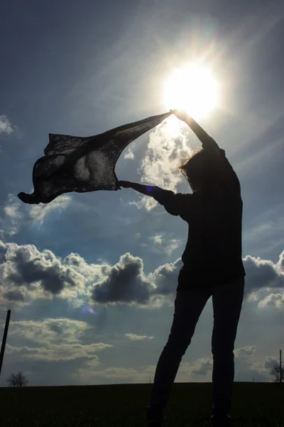 Silueta de chica en el campo de viento — Foto de Stock