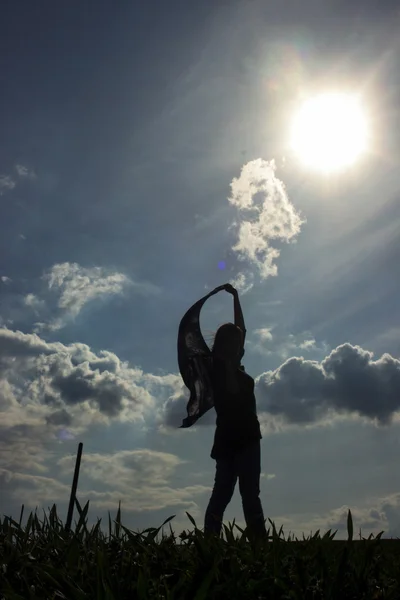 Silueta de chica en el campo de viento — Foto de Stock