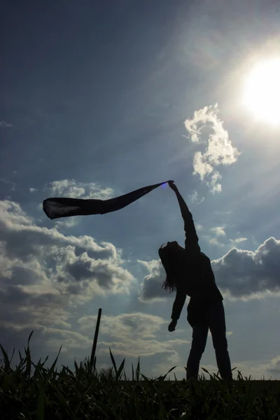 Silueta de chica en el campo de viento — Foto de Stock