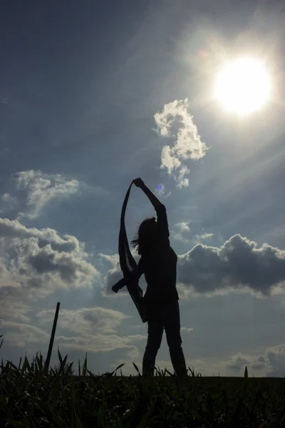 Silueta de chica en el campo de viento — Foto de Stock