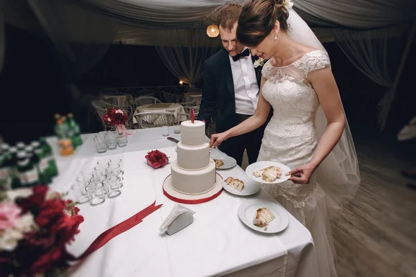 Braut und Bräutigam schneiden Hochzeitstorte — Stockfoto