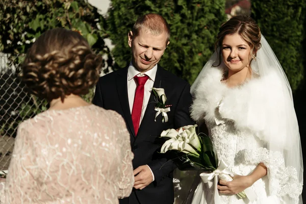 Elegante novia elegante y novio conseguir bendecido por la familia, weddi — Foto de Stock