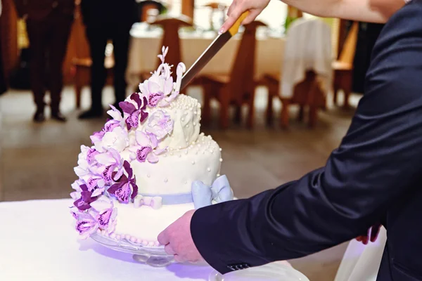 Piękny nowożeńcy cięcia stylowe ciasto — Zdjęcie stockowe