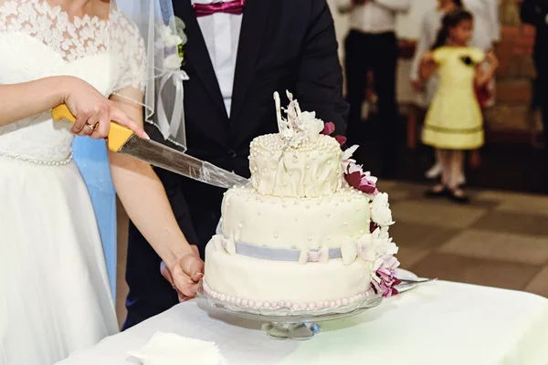 スタイリッシュなケーキを切る美しい新婚夫婦 — ストック写真