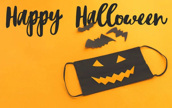 Happy Halloween Tekst Złej Maski Twarzy Jack Latarni Uśmiech Pomarańczowym — Zdjęcie stockowe