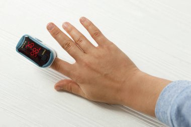 Nabız oksimetresi beyaz arka planda, kan oksijeni seviyesini ölçüyor. Taşınabilir Oksimetre Parmak ucu oksijen doygunluğunu test ediyor. Düşük oksijen seviyesi, akciğer ve zatürree yaralanması olduğunu gösteriyor.