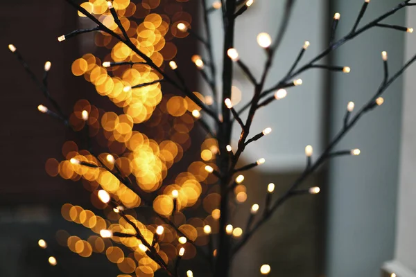 Árbol Tronco Ramas Luces Doradas Bokeh Noche Mercado Invierno Vacaciones —  Fotos de Stock