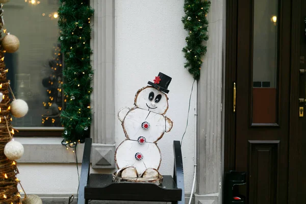 Elegante Pupazzo Neve Legno Natale Eco Semplici Ornamenti Arredamento Rustico — Foto Stock