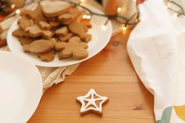 Gingerbread Cookies Icing Wooden Table Lights Christmas Holiday Tradition Advent — Stock Photo, Image