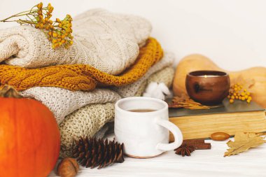 Sıcak çay, balkabağı ve baharatlar arka planda örgü süveterler, sonbahar yaprakları, mum ve kitap. Evde boş zaman, şık bir sonbahar görüntüsü. Mutlu Şükran Günleri ve Merhaba Sonbahar konsepti