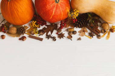 Şükran Günü 'n kutlu olsun, tebrik kartı düzlüğün kutlu olsun. Balkabakları, anason, tarçın, meşe palamudu, fındık ve sonbahar yaprakları beyaz ahşap üzerinde. Sonbahar mevsimsel maketi