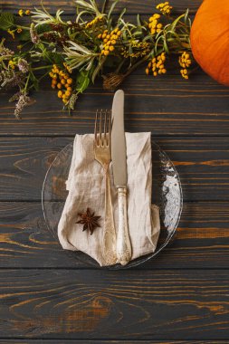 Şükran Günü ya da düğün sofrası, çevre dostu doğal düzenleme. Kaliteli çatal bıçak takımı, keten peçete, kırsal alanda cam tabakta anason yıldızı, güz çiçeği dekoru ve balkabağı.