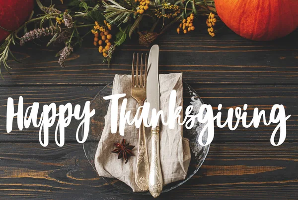 Happy Thanksgiving Text Sign Cutlery Linen Anise Star Plate Autumnal — Stock Photo, Image