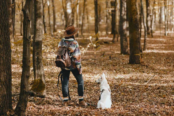 Stilvolle Frau Die Mit Einem Entzückenden Weißen Hund Durch Sonnige — Stockfoto