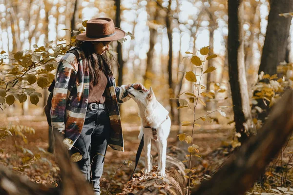 Stylová Žena Laskající Rozkošného Bílého Psa Slunných Podzimních Lesích Roztomilé — Stock fotografie