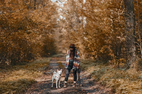 Stylish Woman Backpack Hiking Adorable White Dog Sunny Autumn Woods — Stock Photo, Image