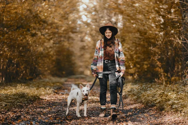 Stylish Woman Backpack Hiking Adorable White Dog Sunny Autumn Woods — Stock Photo, Image